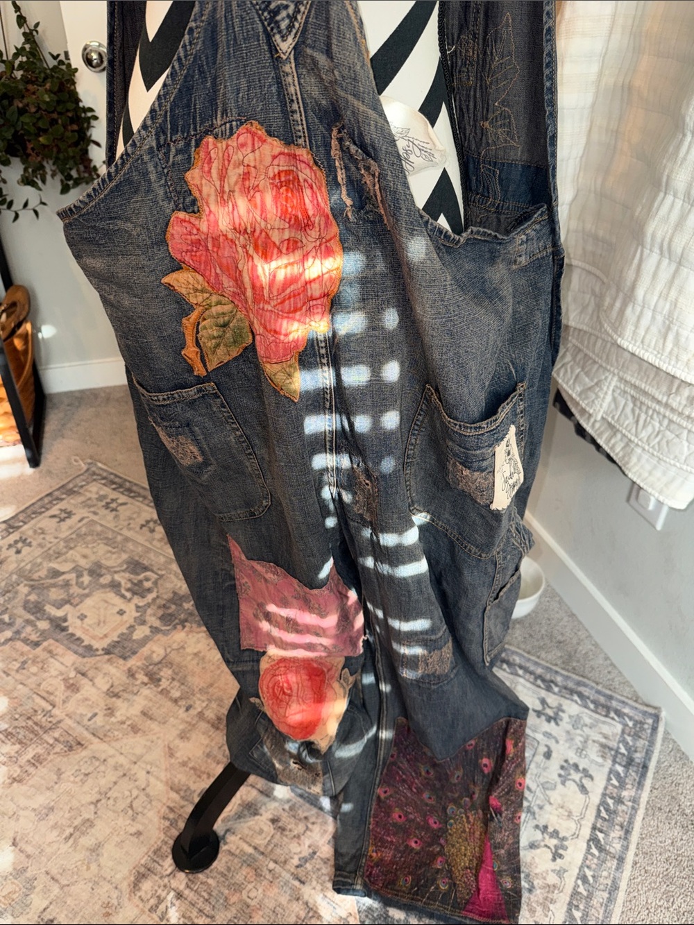 Jaded Gypsy Floral Patchwork Denim Overalls - Pink & Yellow Embroidered Design - Picture 5 of 9